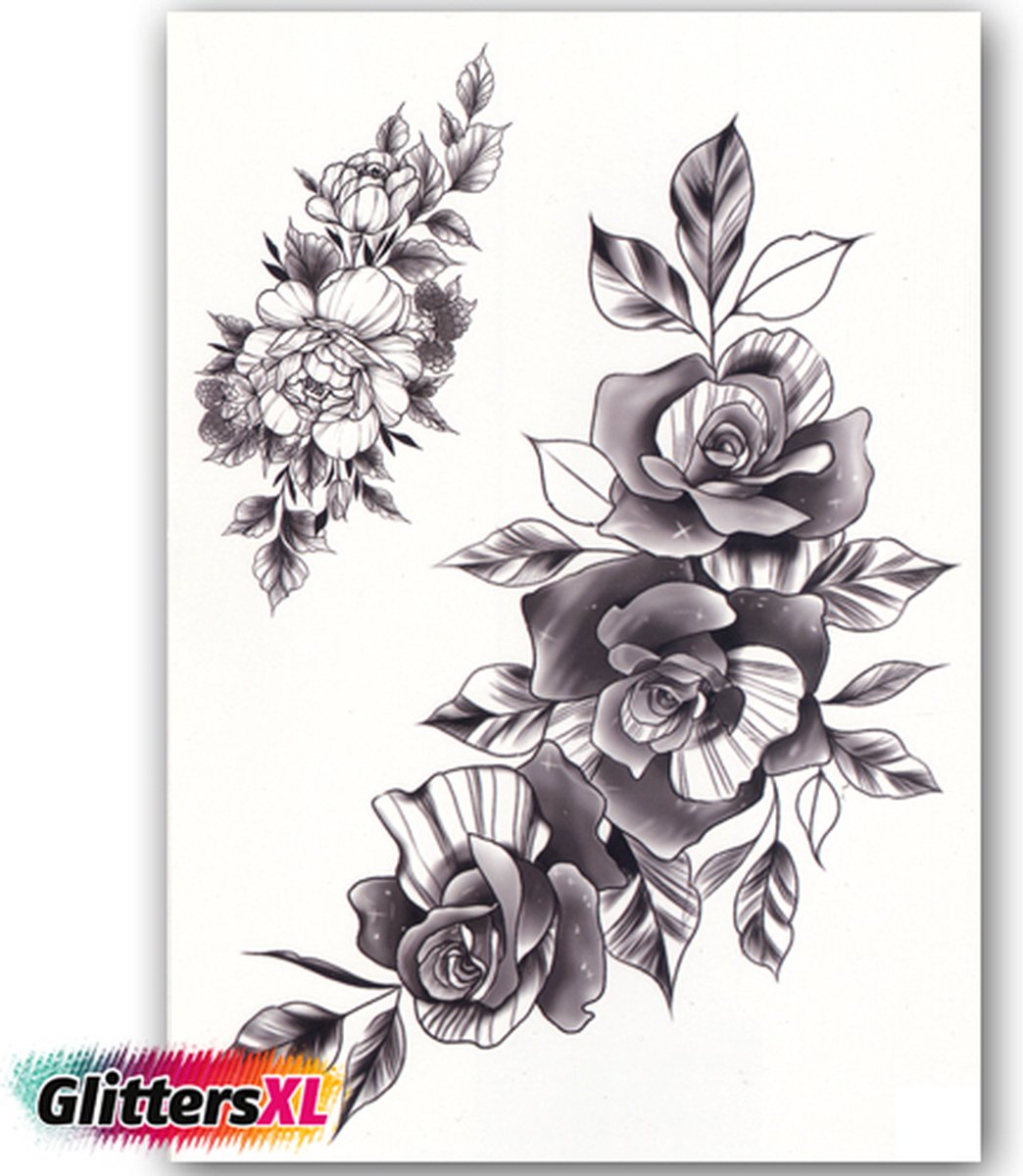 GlittersXL - Temporary Tattoo Bloemen (A5 formaat) [Neptattoo - Tijdelijke tatoeage - Nep Fake Tattoos - Water overdraagbare festival sticker henna outfit tattoo - Glitter tattoo - Volwassenen Kinderen Jongen Meisje]